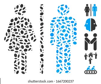 Dot Mosaic auf der Basis von WC Personen. Mosaik Vektorillustration WC Personen besteht aus verstreuten elliptischen Punkten. Bonussymbole werden hinzugefügt.