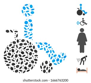 Punto Mosaico basado en silla de ruedas. La silla de ruedas vectorial de mosaico se forma con puntos de elipse aleatorios. Se agregan iconos de bonificación.