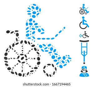 Punto Mosaico basado en silla de ruedas. La silla de ruedas vectorial de mosaico está diseñada con elementos de elipse aleatorios. Se agregan iconos de bonificación.