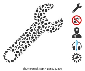 Dot Mosaic based on wrench. Mosaic vector wrench is composed with random oval spots. Bonus icons are added.