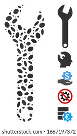 Dot Mosaic based on wrench. Mosaic vector wrench is created with scattered elliptic items. Bonus icons are added.