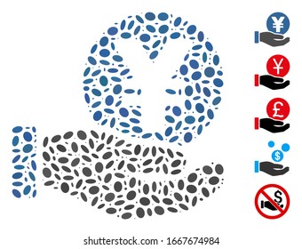 Dot Mosaic basierend auf Yen-Münzzahlung Hand. Mosaike Vektorillustration Yen-Münzauszahlungshandlung wird mit randomisierten Ellipsenflecken gebildet. Bonussymbole werden hinzugefügt.