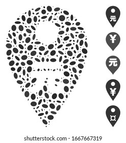 Dot Mosaic basado en el marcador del mapa yuan. El marcador de mapa del yuan vector mosaico está compuesto por elementos de elipse aleatorios. Se agregan iconos de bonificación.