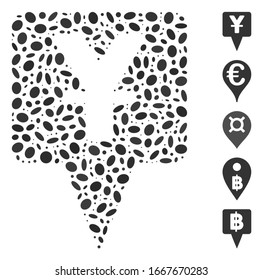 Dot Mosaic based on yuan map pointer. Mosaic vector yuan map pointer is composed with randomized elliptic items. Bonus icons are added.