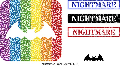 Pictograma del agujero del ratón del murciélago de mosaico de puntos para LGBT, y sellos de sello NIGHTMARE de grunge. Los sellos rectangulares contienen texto NIGHTMARE dentro de los marcos. El mosaico de rectángulo redondeado de color gira alrededor del agujero del ratón de murciélago.