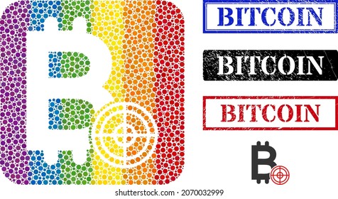 Icono tallado de bitcoína mosaico de puntos para LGBT, y distintivos de BITCOIN de color gris. Los sellos de sellos de marca rectangulares tienen el título BITCOIN dentro de los marcos.