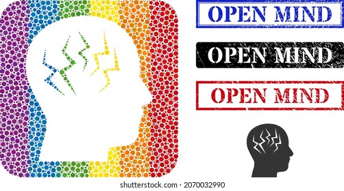 Dot mosaic brainstorm stencil pictogram for LGBT, and grunge OPEN MIND seals. Rectangle seals include OPEN MIND caption inside frames.