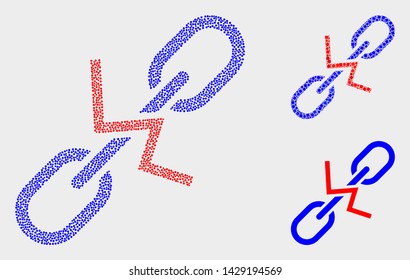 Dot and mosaic break chain icons. Vector icon of break chain combined of randomized round pixels. Other pictogram is combined from small squares.