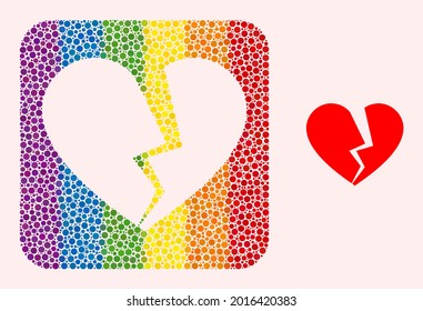 Dot mosaic broken love heart subtracted pictogram for LGBT. Multicolored rounded rectangle mosaic is around broken love heart subtracted space. LGBT rainbow colors.
