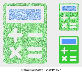 Dot and mosaic calculator icons. Vector icon of calculator formed of scattered round dots. Other pictogram is combined from dots.