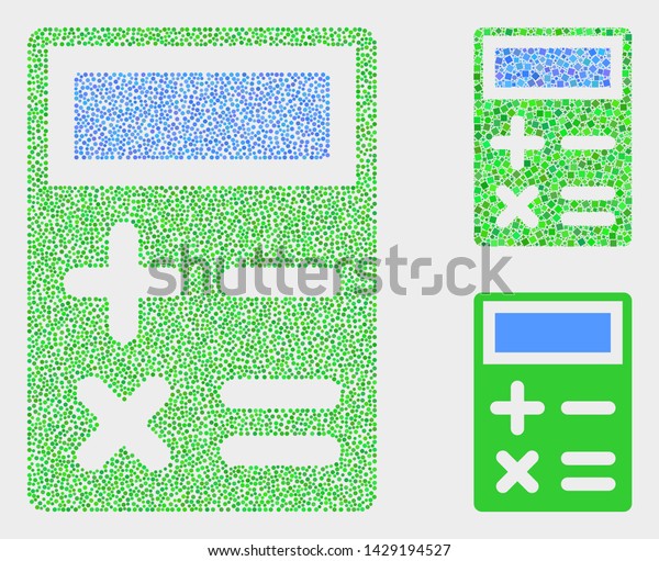 Dot and mosaic calculator icons. Vector icon of\
calculator formed of scattered round dots. Other pictogram is\
combined from dots.