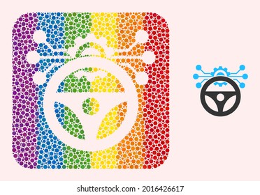 Dot mosaic car autopilot scheme subtracted pictogram for LGBT. Multicolored rounded rectangle mosaic is around car autopilot scheme subtracted space. LGBT rainbow colors.