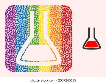 Dot mosaic chemical flask stencil pictogram for LGBT. Rainbow colored rounded square mosaic is around chemical flask hole. LGBT rainbow colors. Vector chemical flask composition of circle dots.
