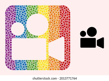 Dot mosaic cinema camera subtracted icon for LGBT. Rainbow colored rounded rectangle mosaic is around cinema camera subtracted space. LGBT spectrum colors.