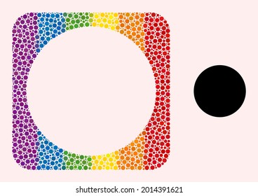 Dot mosaic circle subtracted icon for LGBT. Colored rounded square mosaic is around circle subtracted space. LGBT spectrum colors. Vector circle composition of spheric spots.
