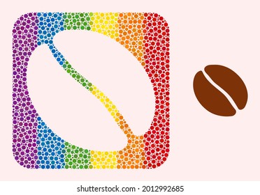 Dot mosaic coffee bean hole pictogram for LGBT. Rainbow colored rounded square collage is around coffee bean hole. LGBT rainbow colors. Vector coffee bean composition of circle pixels.