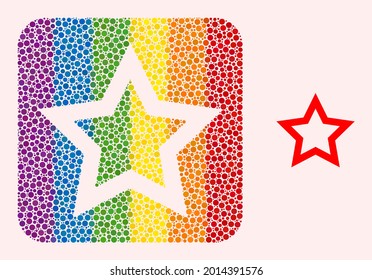 Dot mosaic contour star carved pictogram for LGBT. Rainbow colored rounded rectangle mosaic is around contour star carved shape. LGBT rainbow colors. Vector contour star combination of spheric spots.