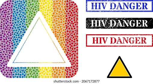 Dot mosaic danger triangle template carved icon for LGBT, and grunge HIV DANGER badges. Rectangle stamps include HIV DANGER title inside frames.