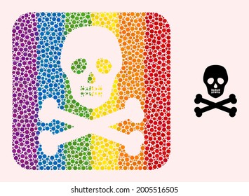 Dot mosaic death skull hole icon for LGBT. Rainbow colored rounded square collage is around death skull stencil. LGBT rainbow colors. Vector death skull composition of round elements.