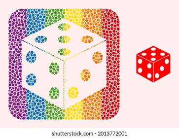 Dot mosaic dice cube hole pictogram for LGBT. Colored rounded rectangle mosaic is around dice cube hole. LGBT spectrum colors. Vector dice cube composition of spheric items.