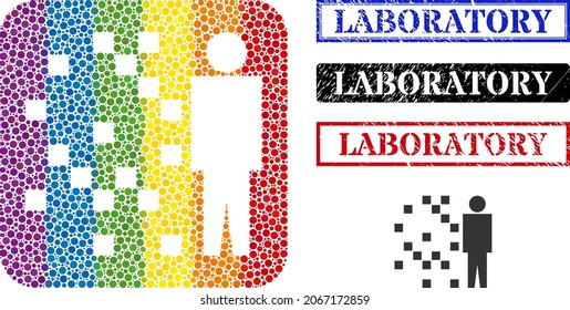 Pictograma sustrato de síntesis de mosaico de puntos para LGBT y sellos de sellado de LABORATORIO grueso. Los sellos Rectangle contienen texto LABORATORIO dentro de los marcos.