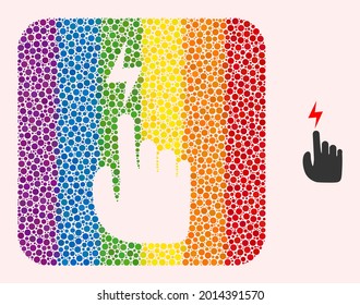 Pictograma de mano eléctrica de mosaico de puntos para LGBT. El collage de rectángulos redondeados de color gira en torno al espacio reducido de la mano eléctrica. Colores del espectro LGBT.