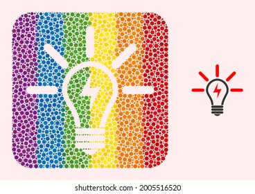 Dot mosaic electric light bulb carved icon for LGBT. Rainbow colored rounded rectangle mosaic is around electric light bulb hole. LGBT rainbow colors.