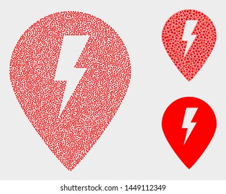 Dot and mosaic electric map marker icons. Vector icon of electric map marker organized of random spheric elements. Other pictogram is combined from small squares.