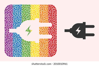 Dot mosaic electric plug subtracted icon for LGBT. Colorful rounded rectangle mosaic is around electric plug subtracted space. LGBT rainbow colors. Vector electric plug combination of round pixels.
