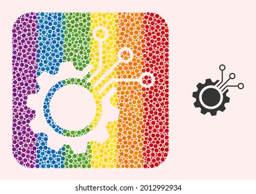 Dot mosaic electronic gear stencil icon for LGBT. Colored rounded rectangle mosaic is around electronic gear hole. LGBT rainbow colors. Vector electronic gear composition of spheric dots.