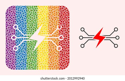 Piktogramm für den Stromkreis des Dot-Mosaiks für LGBT. Rainbow-gefärbtes, abgerundetes Quadrat-Mosaik ist um den Energiekreislauf subtrahiert Form. LGBT-Regenbogenfarben.