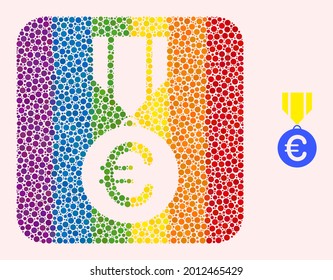 Dot mosaic euro medal carved icon for LGBT. Rainbow colored rounded rectangle mosaic is around euro medal carved shape. LGBT rainbow colors. Vector euro medal composition of spheric dots.
