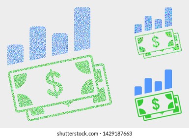 Dot and mosaic financial charts icons. Vector icon of financial charts organized with scattered circle dots. Other pictogram is organized from dots.