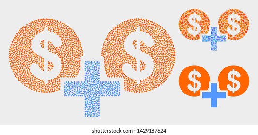 Dot and mosaic financial sum icons. Vector icon of financial sum formed with scattered circle elements. Other pictogram is formed from rectangle elements.