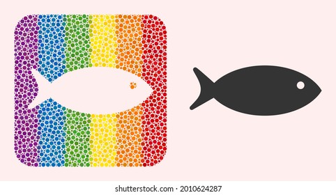 Dot mosaic fish hole pictogram for LGBT. Multicolored rounded square mosaic is around fish subtracted shape. LGBT rainbow colors. Vector fish composition of sphere spots.