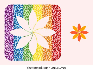 Dot mosaic flower carved icon for LGBT. Rainbow colored rounded rectangle mosaic is around flower subtracted shape. LGBT rainbow colors. Vector flower composition of round pixels.