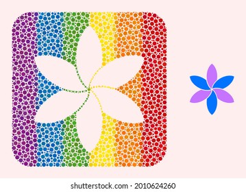Dot mosaic flower subtracted pictogram for LGBT. Color rounded rectangle mosaic is around flower subtracted shape. LGBT spectrum colors. Vector flower combination of sphere points.