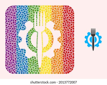 Pictograma de comida de mosaico de puntos para LGBT. El mosaico cuadrado redondeado de color arcoiris se encuentra alrededor del espacio reducido de los alimentos. Colores del espectro LGBT.