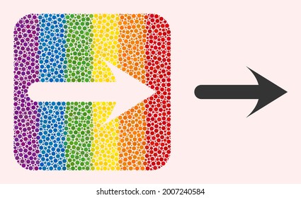 Dot mosaic forward arrow subtracted pictogram for LGBT. Rainbow colored rounded square mosaic is around forward arrow subtracted shape. LGBT spectrum colors.