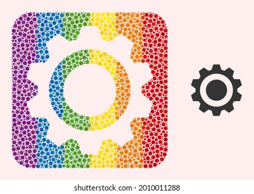 Dot mosaic gear hole icon for LGBT. Multicolored rounded rectangle collage is around gear hole. LGBT spectrum colors. Vector gear combination of circle elements.