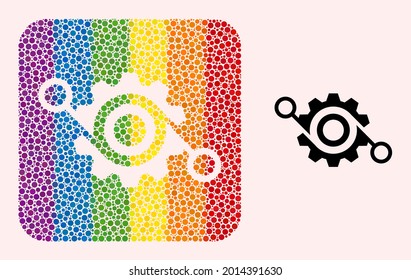 Dot mosaic gear project subtracted icon for LGBT. Rainbow colored rounded square mosaic is around gear project hole. LGBT rainbow colors. Vector gear project combination of spheric items.