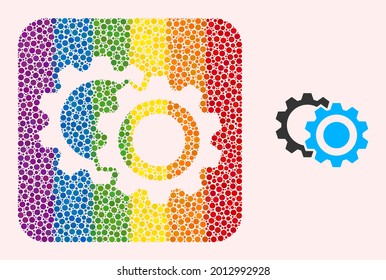 Dot mosaic gears stencil pictogram for LGBT. Color rounded square mosaic is around gears carved shape. LGBT spectrum colors. Vector gears composition of round dots.