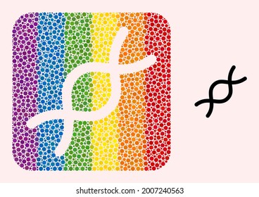 Dot mosaic genome spiral subtracted pictogram for LGBT. Rainbow colored rounded rectangle collage is around genome spiral subtracted shape. LGBT rainbow colors.