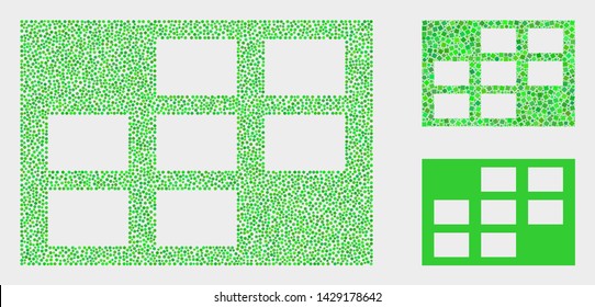 Dot and mosaic grid cells icons. Vector icon of grid cells designed of randomized spheric dots. Other pictogram is composed from square dots.
