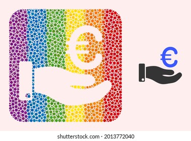 Dot mosaic hand give euro hole pictogram for LGBT. Rainbow colored rounded square collage is around hand give euro hole. LGBT rainbow colors. Vector hand give euro composition of circle points.