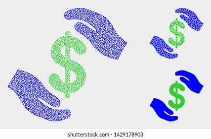 Dot and mosaic hands care dollar icons. Vector icon of hands care dollar designed of randomized circle dots. Other pictogram is created from elements.