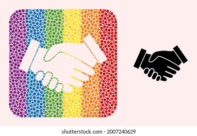 Dot mosaic handshake subtracted icon for LGBT. Rainbow colored rounded rectangle mosaic is around handshake cut out shape. LGBT rainbow colors. Vector handshake composition of sphere elements.
