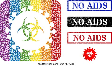 Dot mosaic hazard virus carved icon for LGBT, and grunge NO AIDS seals. Rectangle stamp seals have NO AIDS text inside frames. Multicolored rounded square mosaic is around hazard virus carved shape.