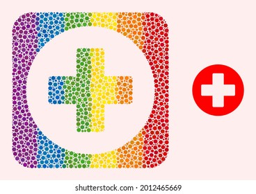 Dot mosaic healthcare hole icon for LGBT. Colorful rounded rectangle mosaic is around healthcare hole. LGBT spectrum colors. Vector healthcare combination of circle dots.
