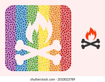 Dot mosaic hell fire bones stencil icon for LGBT. Color rounded square collage is around hell fire bones stencil. LGBT spectrum colors. Vector hell fire bones composition of sphere points.